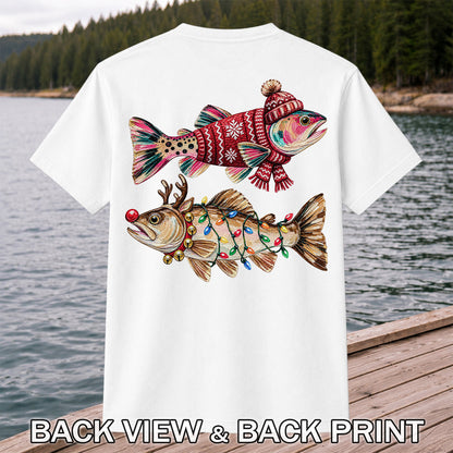 Festive Christmas Fish with Lights Fishing Graphic T-Shirt | Back Print