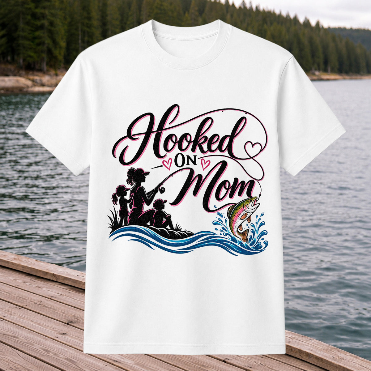 Hooked on Mom Rainbow Trout Family Fishing T-Shirt