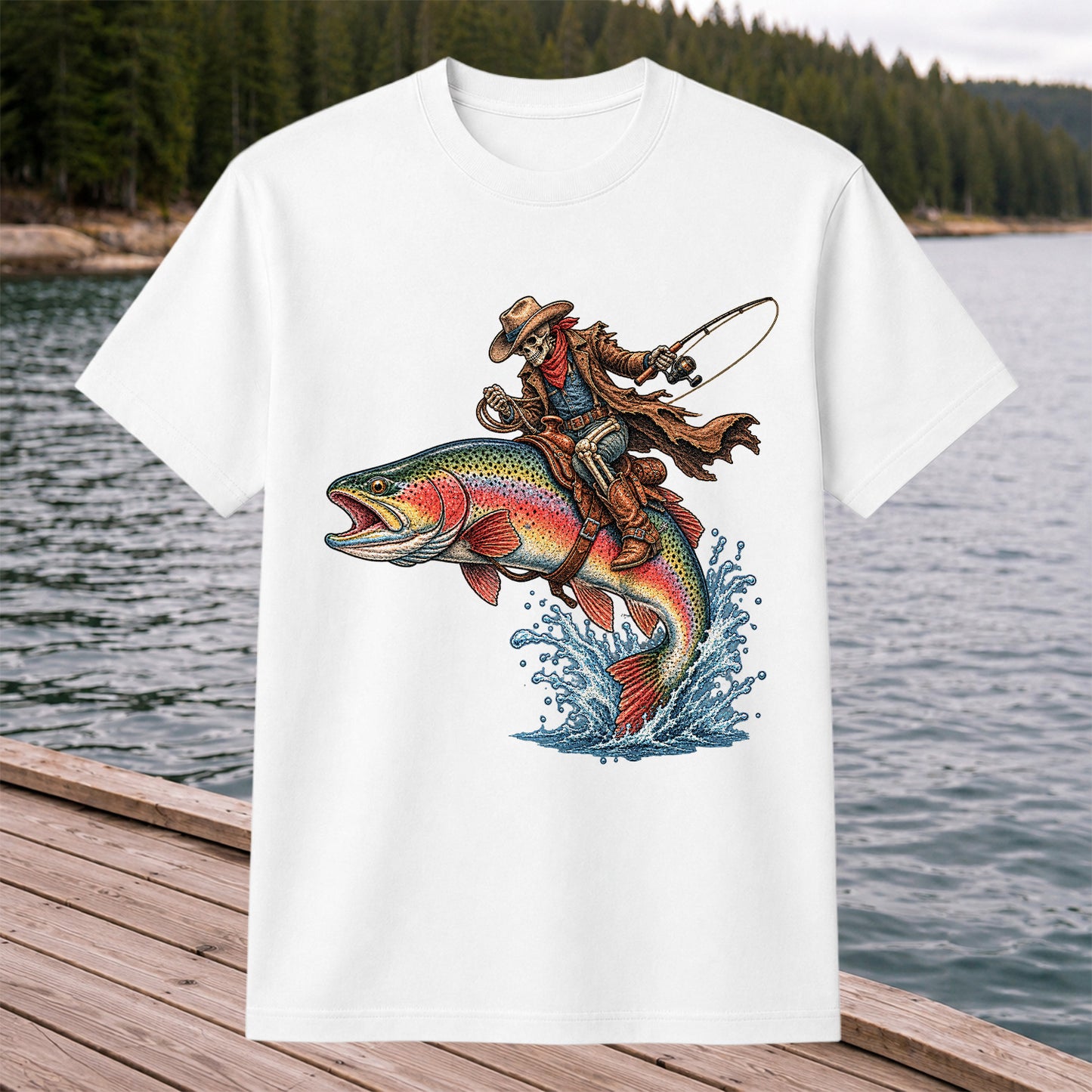 Skeleton Cowboy Riding a Rainbow Trout Fishing Graphic T-Shirt