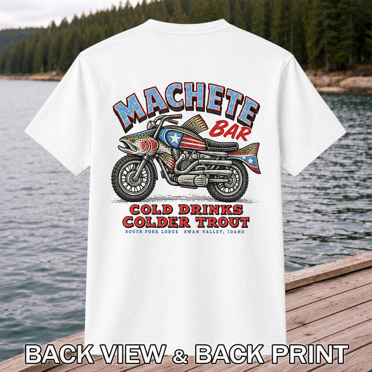 Machete Bar Cold Drinks Colder Trout Fishing T-Shirt | Back Print
