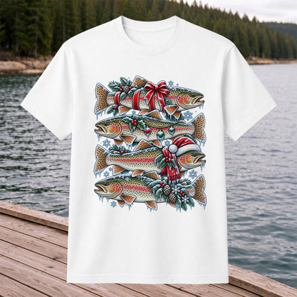 Festive Rainbow Trout Christmas Fishing Graphic T-Shirt