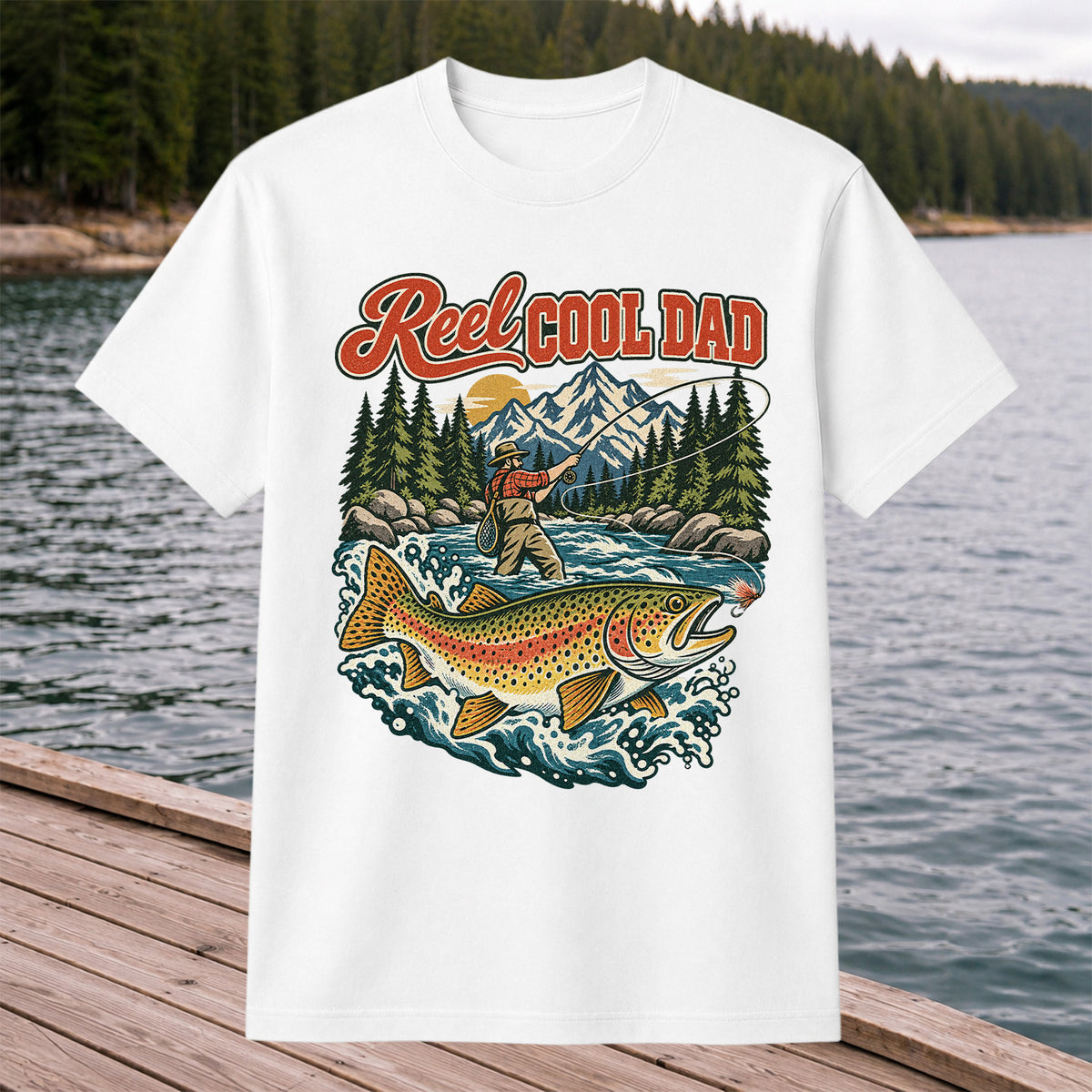 Reel Cool Dad Rainbow Trout Fly Fishing Graphic T-Shirt