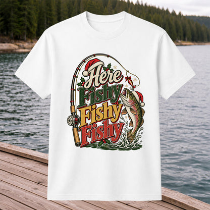 Here Fishy Fishy Fishy Christmas Rainbow Trout Fishing T-Shirt