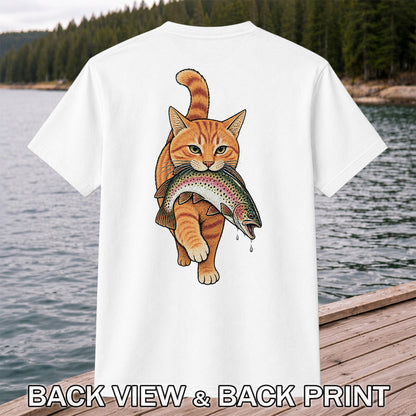 Cat Holding Trout Funny Fishing Graphic T-Shirt | Back Print