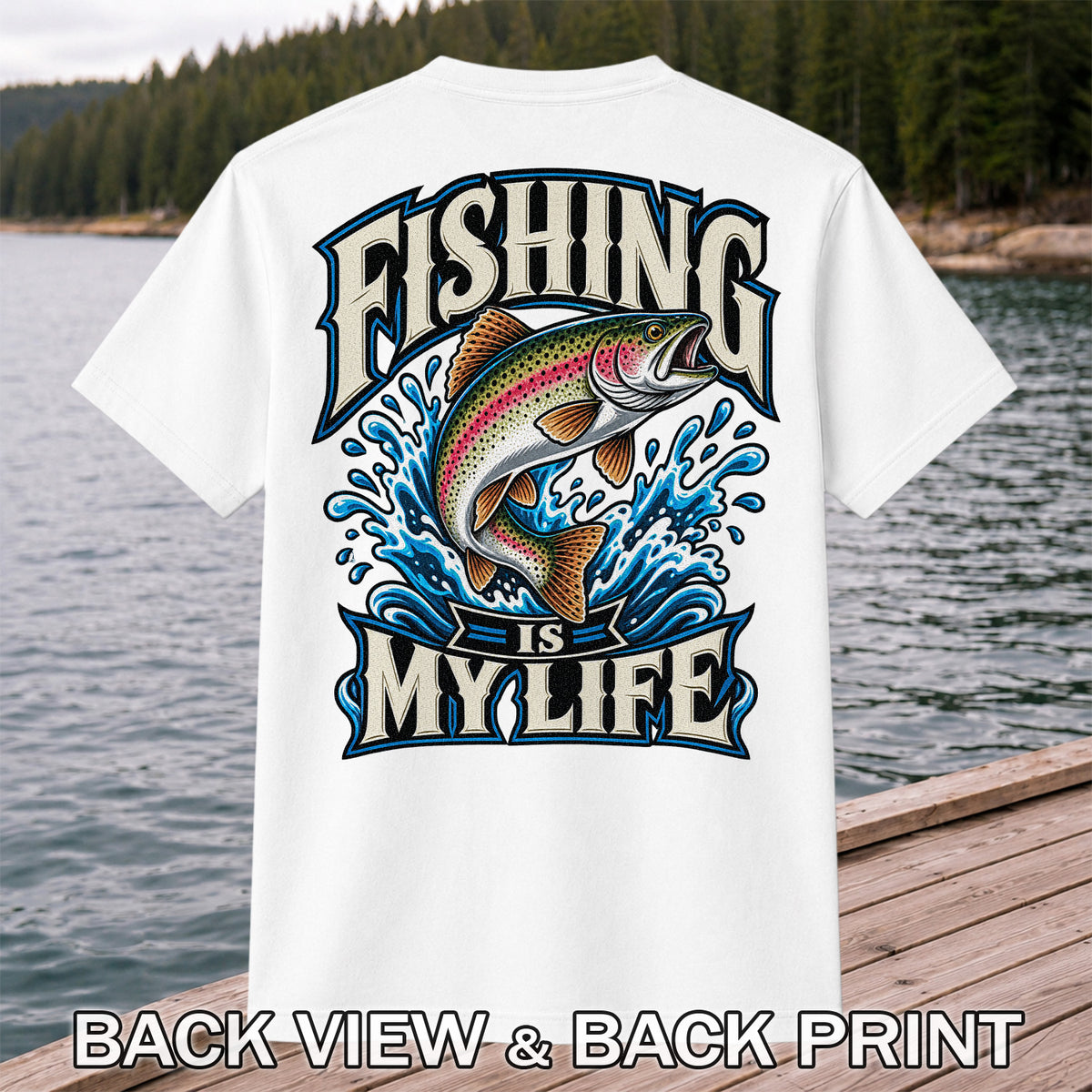 Fishing Is My Life Jumping Rainbow Trout Graphic T-Shirt | Back Print