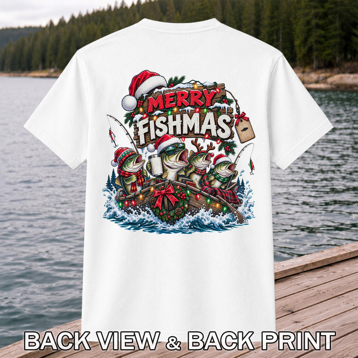 Merry Fishmas Christmas Bass in a Fishing Boat Graphic T-Shirt | Back Print