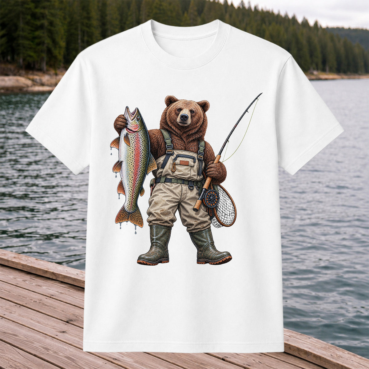 Bear Fishing with Rainbow Trout Outdoor Graphic T-Shirt