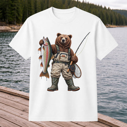 Bear Fishing with Rainbow Trout Outdoor Graphic T-Shirt