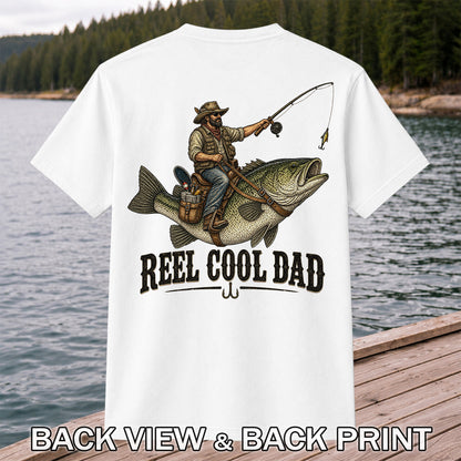 Reel Cool Dad Cowboy Riding a Bass Fishing Graphic T-Shirt | Back Print