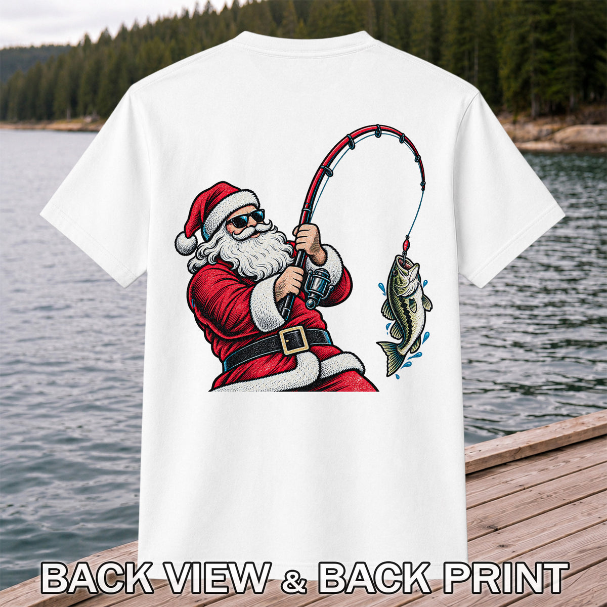 Santa Claus Catching a Bass Christmas Fishing Graphic T-Shirt | Back Print