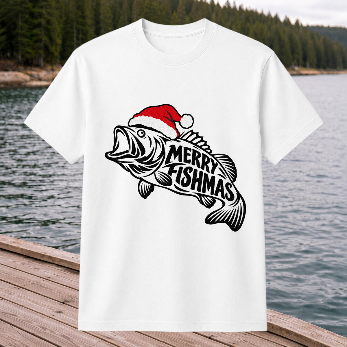 Santa Hat Fish Christmas Fishing Graphic T-Shirt