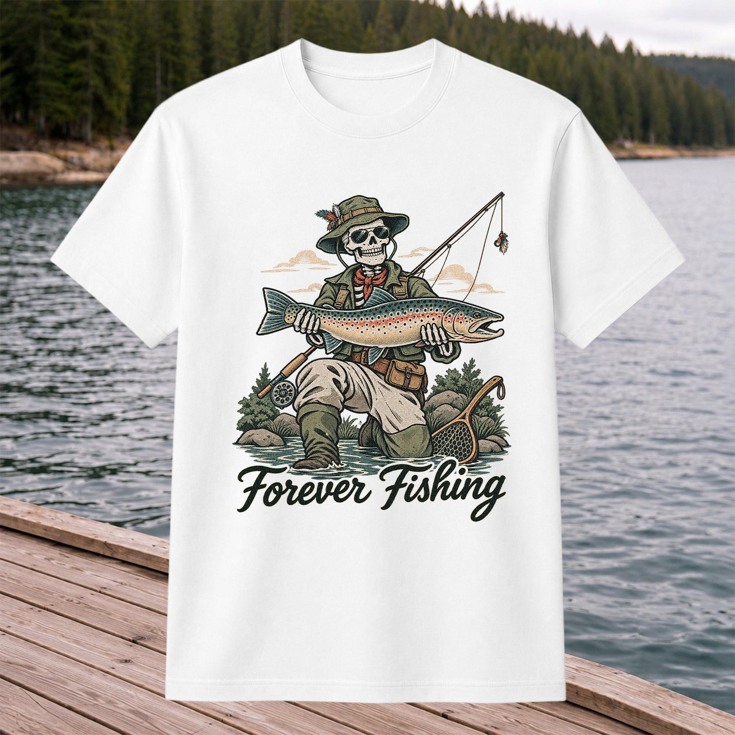 Forever Fishing Skeleton Angler Holding Rainbow Trout Graphic T-Shirt