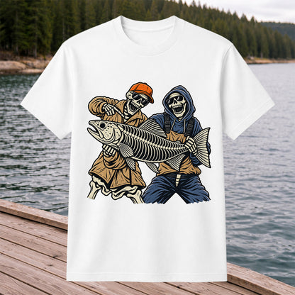 Skeleton Anglers Holding a Giant Fish Graphic T-Shirt