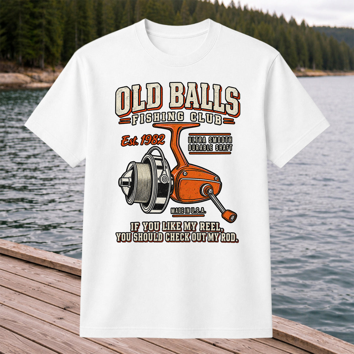 Old Balls Fishing Club Vintage Spinning Reel Graphic T-Shirt