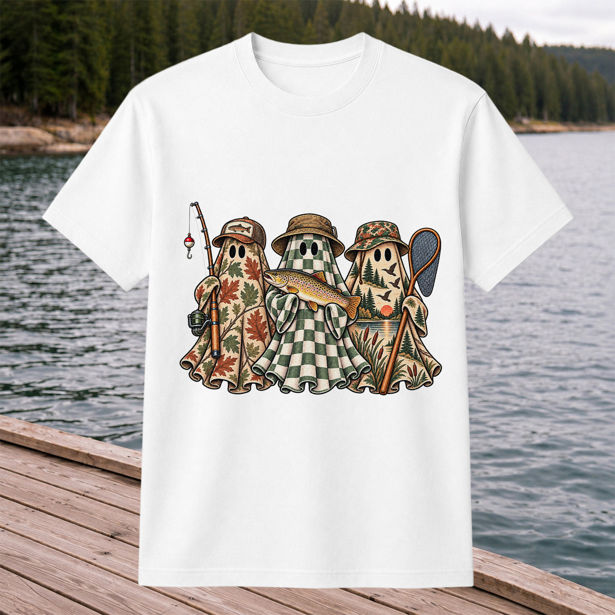 Autumn Ghost Trio with Brown Trout Halloween Fishing T-Shirt