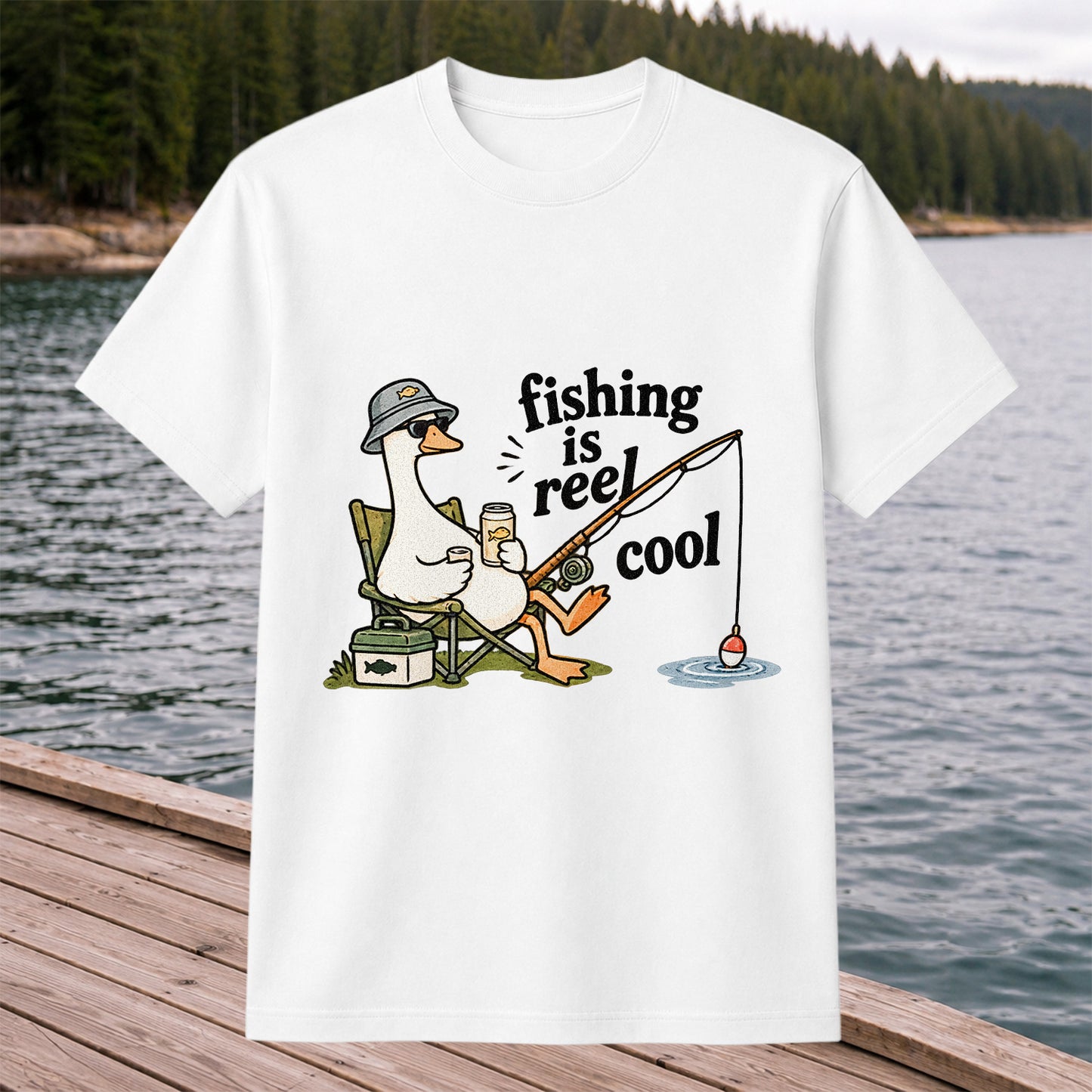 Fishing Is Reel Cool Funny Fishing Goose Graphic T-Shirt