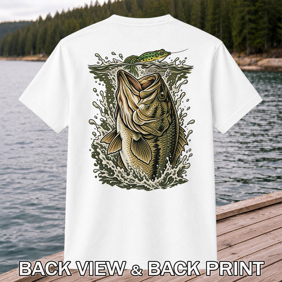 Largemouth Bass Striking a Frog Lure Fishing Graphic T-Shirt | Back Print