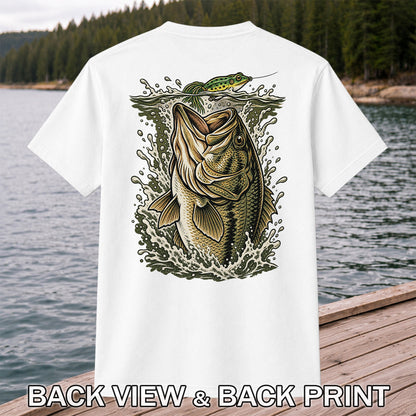 Largemouth Bass Striking a Frog Lure Fishing Graphic T-Shirt | Back Print