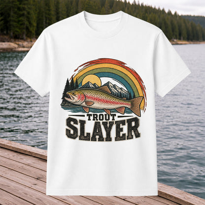 Trout Slayer Rainbow Trout Mountain Fishing Graphic T-Shirt