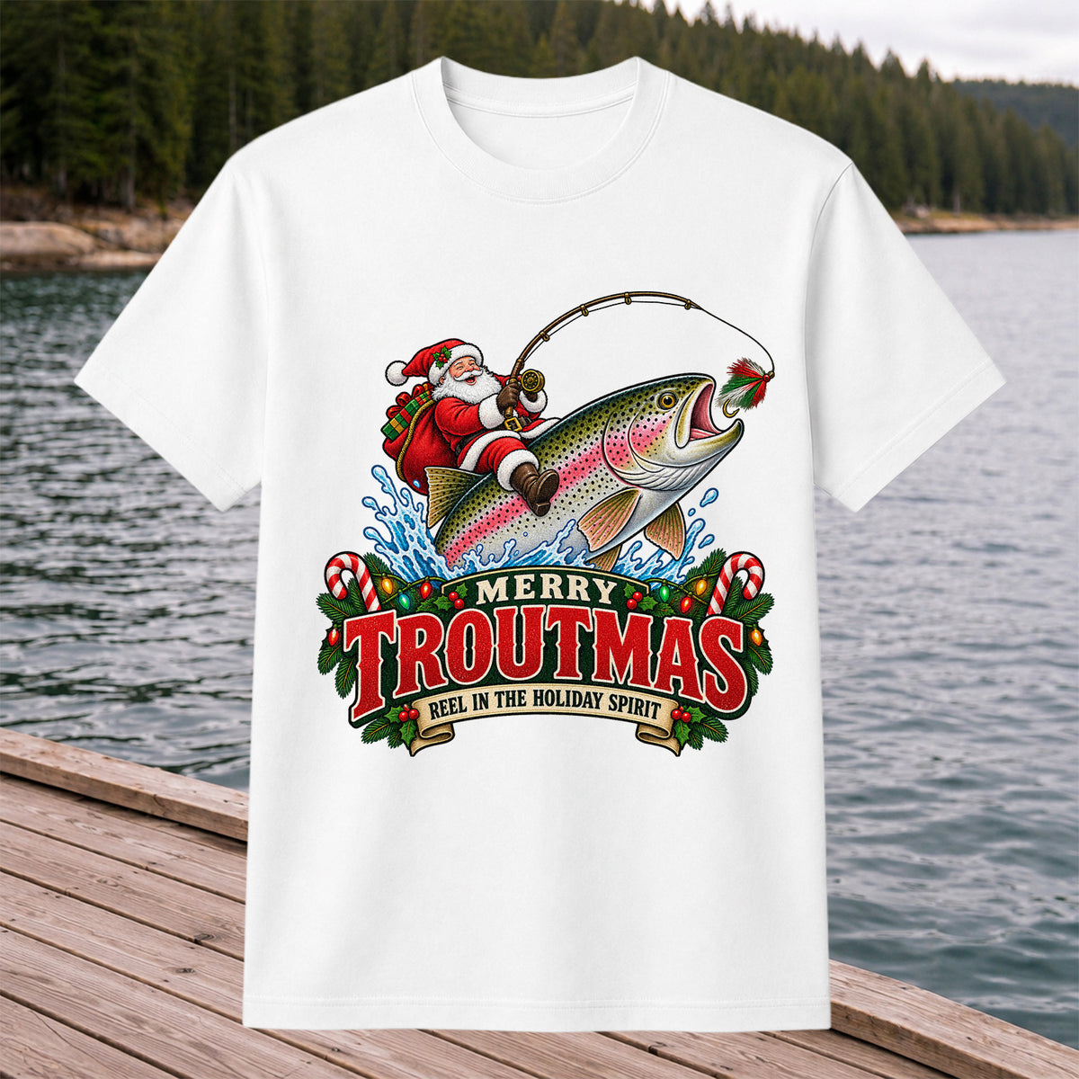 Merry Troutmas Reel in the Holiday Spirit Santa Riding Rainbow Trout Christmas Fishing T-Shirt