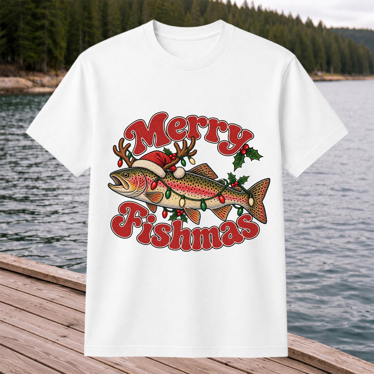 Merry Fishmas Reindeer Rainbow Trout Christmas Fishing T-Shirt