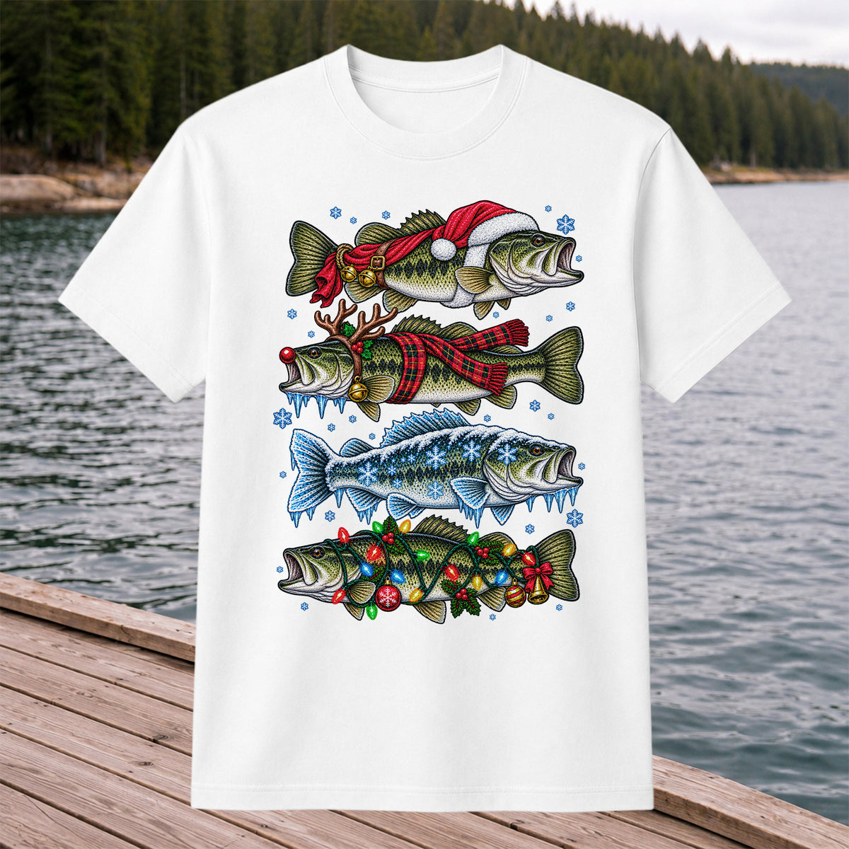 Christmas Bass with Santa Hat and Holiday Lights Fishing T-Shirt