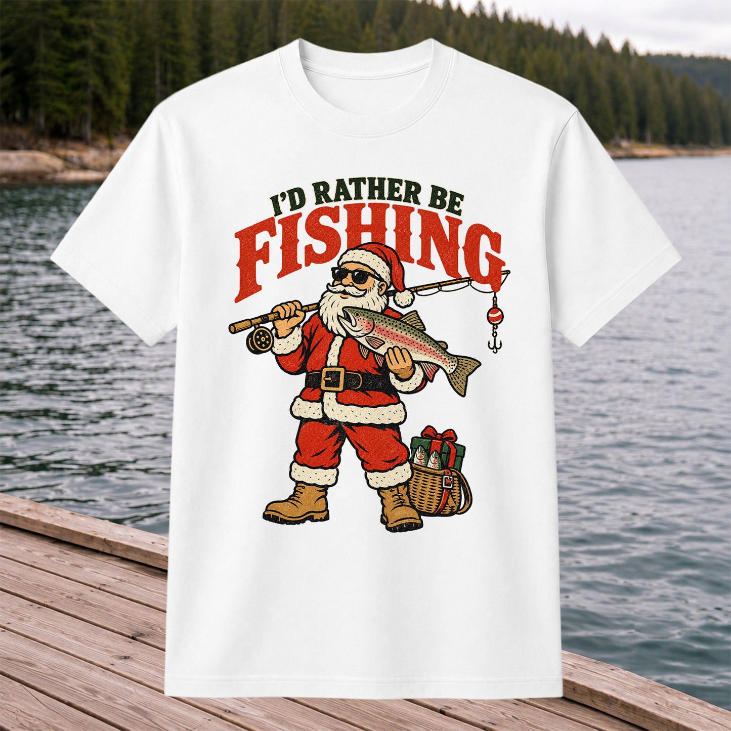 I'd Rather Be Fishing Santa Holding Rainbow Trout Christmas T-Shirt