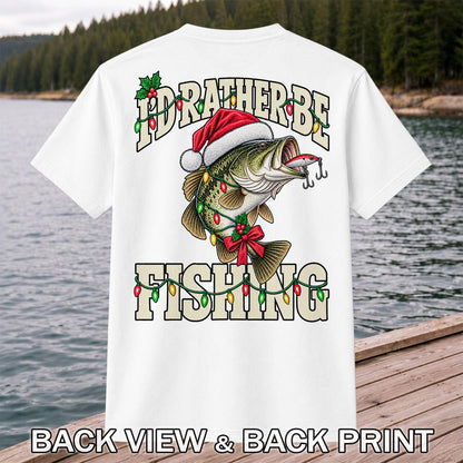Santa Hat Bass Christmas Fishing Graphic T-Shirt | Back Print
