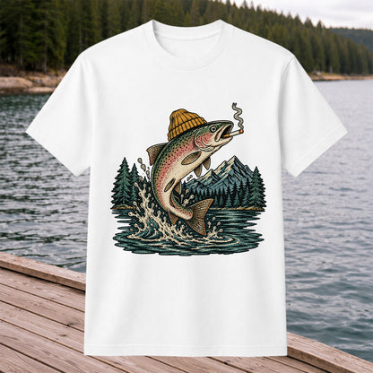 Rainbow Trout in Beanie Smoking and Jumping from Lake Graphic T-Shirt