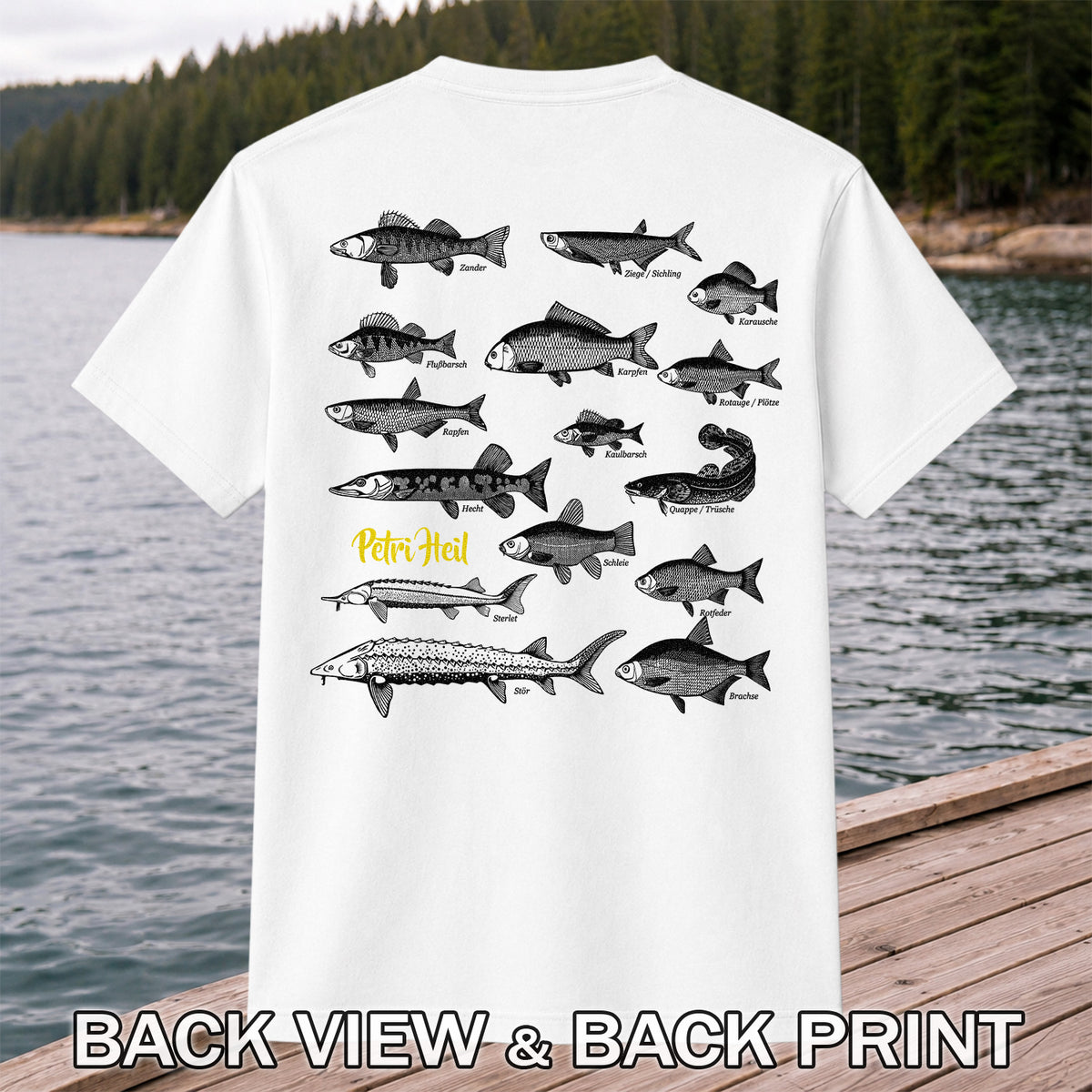 German Freshwater Fish Species Chart Fishing Graphic T-Shirt | Back Print