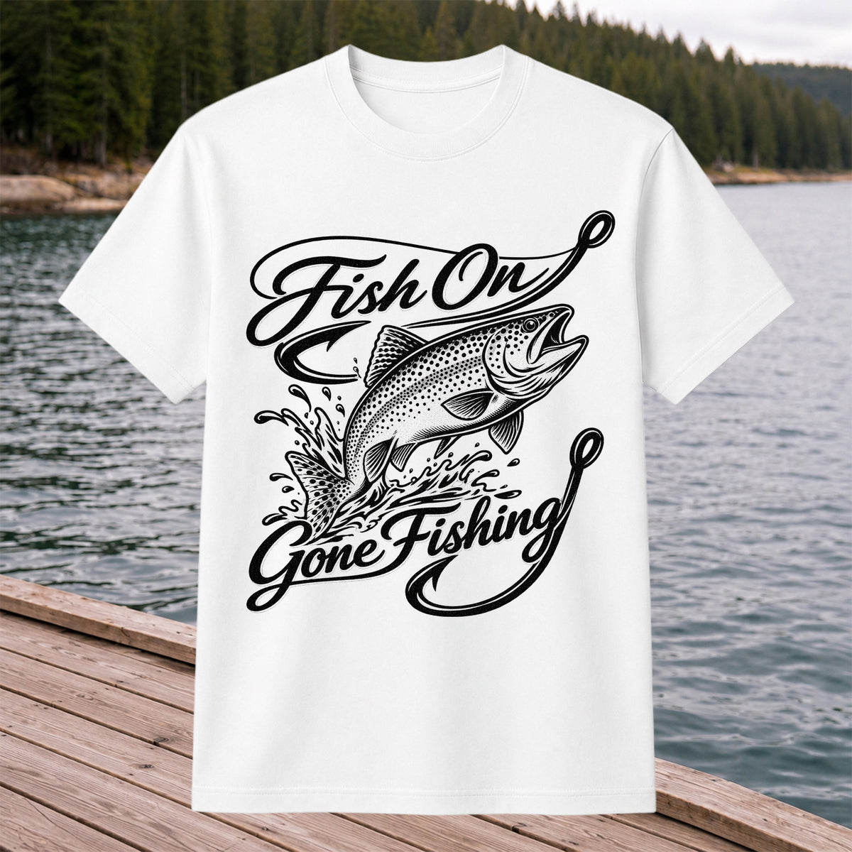 Fish On Gone Fishing Jumping Trout Graphic T-Shirt