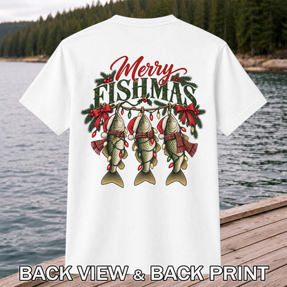 Merry Fishmas Christmas Trout Fishing Graphic T-Shirt | Back Print