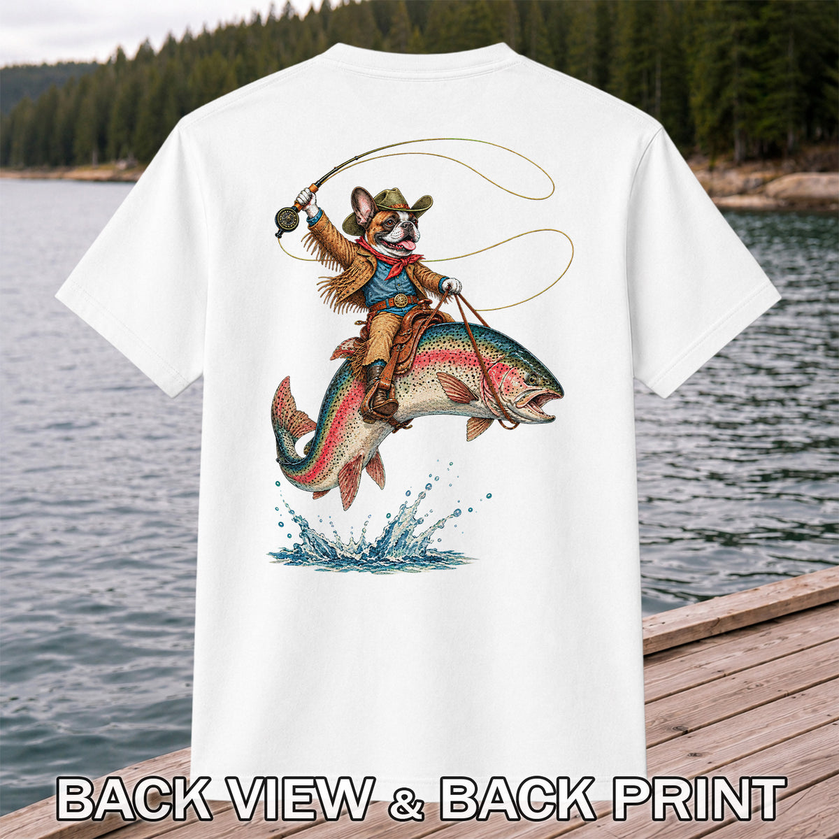 Cowboy French Bulldog Riding a Rainbow Trout Fishing T-Shirt | Back Print