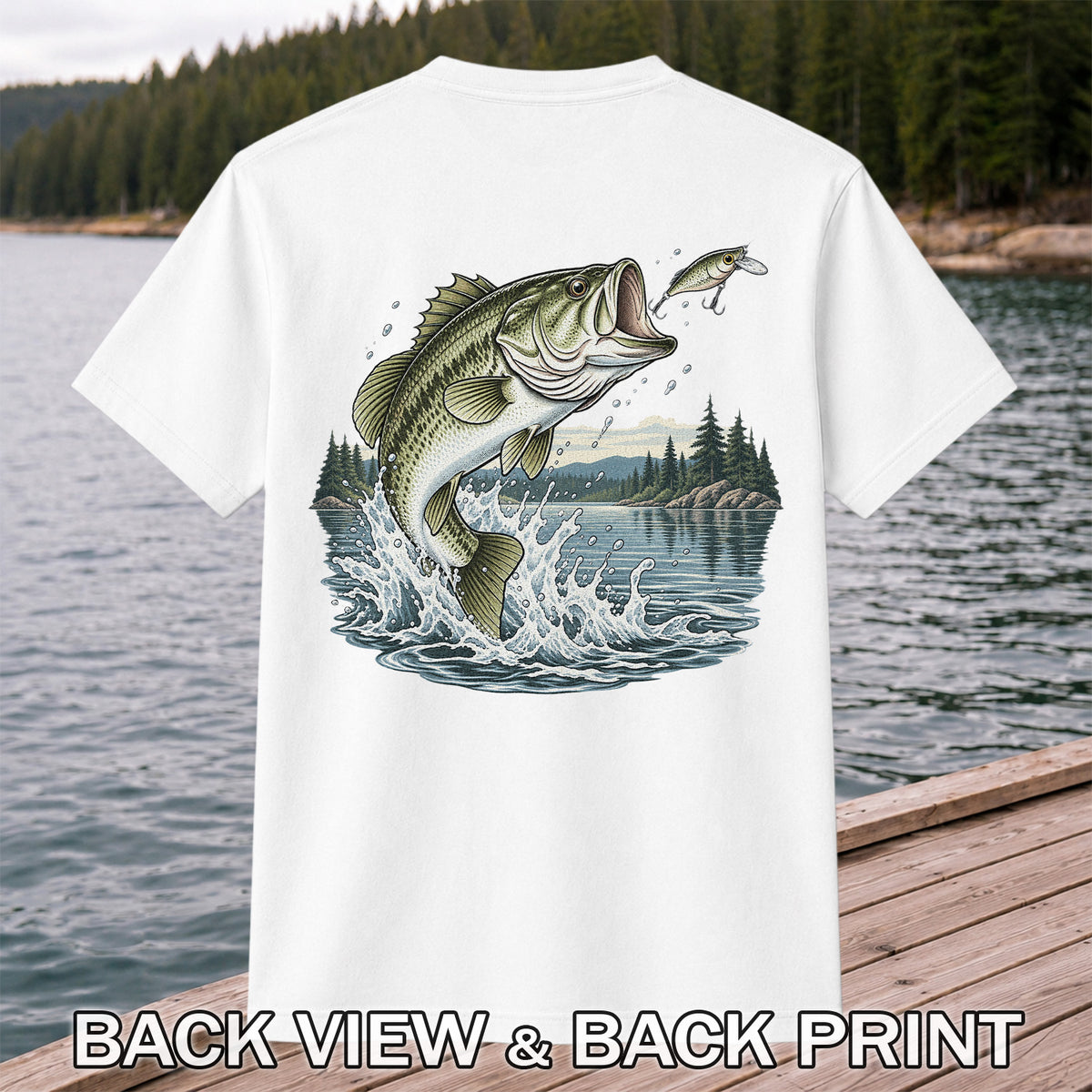 Jumping Largemouth Bass Chasing a Lure Lake Fishing Graphic T-Shirt | Back Print
