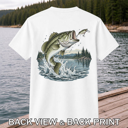 Jumping Largemouth Bass Chasing a Lure Lake Fishing Graphic T-Shirt | Back Print