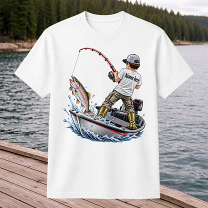 Personalized Boy Fishing Boat and Rainbow Trout Graphic T-Shirt