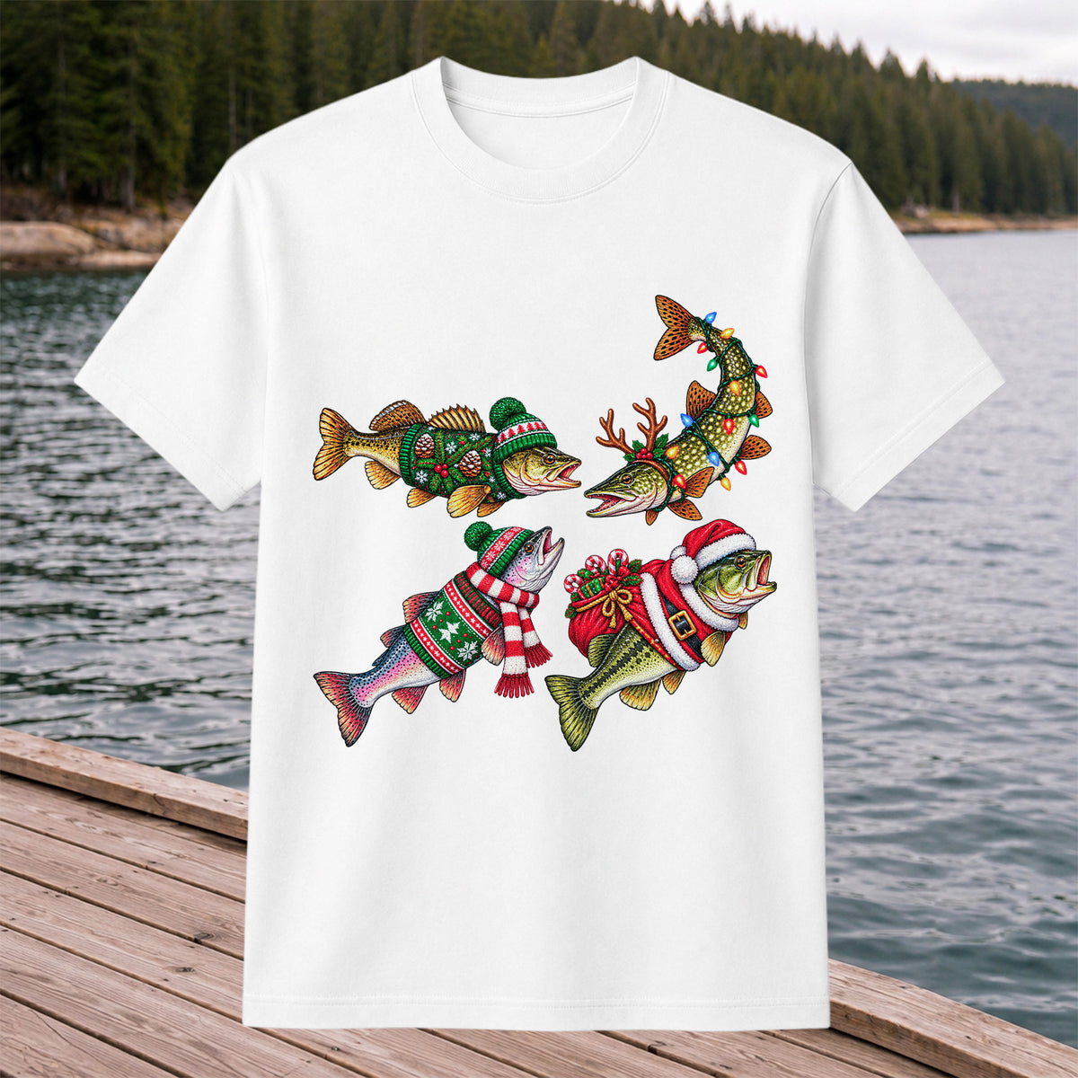 Festive Christmas Fish Wearing Holiday Sweaters Fishing T-Shirt