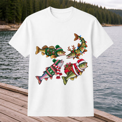 Festive Christmas Fish Wearing Holiday Sweaters Fishing T-Shirt