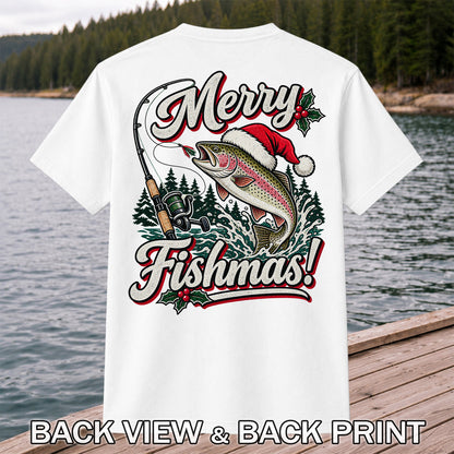 Merry Fishmas Rainbow Trout in Santa Hat Christmas Fishing T-Shirt, Trout Fishing | Back Print