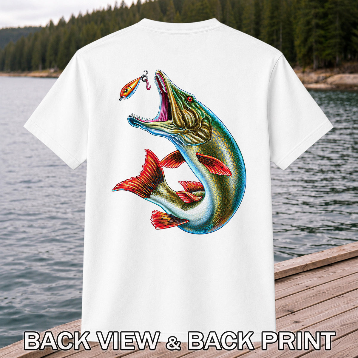 Northern Pike Chasing Fishing Lure Graphic T-Shirt | Back Print