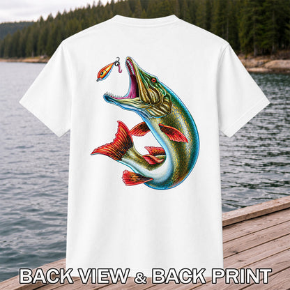 Northern Pike Chasing Fishing Lure Graphic T-Shirt | Back Print