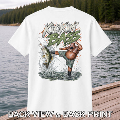 Kickin' Bass Funny Bass Fishing Graphic T-Shirt | Back Print