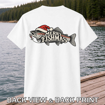 Merry Fishmas Rainbow Trout with Red Santa Hat and Lure Fishing T-Shirt | Back Print