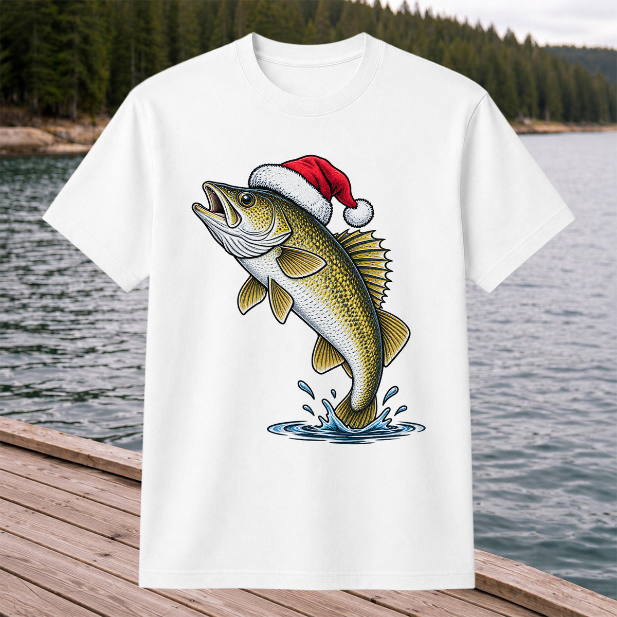 Santa Hat Walleye Christmas Fishing Graphic T-Shirt