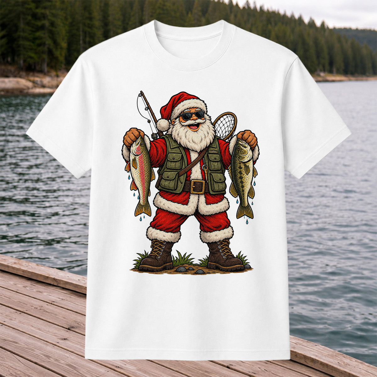 Santa Holding Rainbow Trout and Bass Christmas Fishing Graphic T-Shirt
