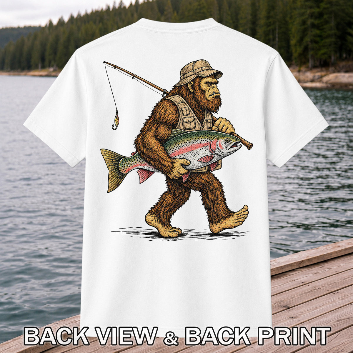 Bigfoot Carrying a Rainbow Trout and Fishing Rod Graphic T-Shirt | Back Print