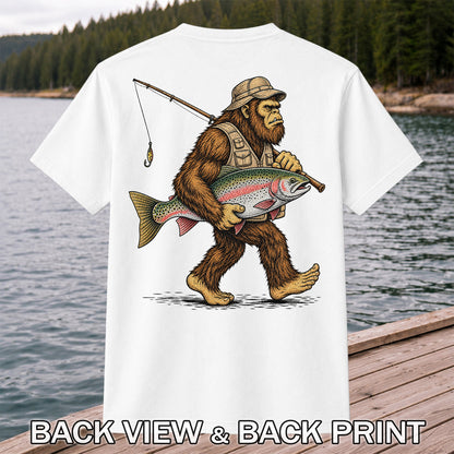 Bigfoot Carrying a Rainbow Trout and Fishing Rod Graphic T-Shirt | Back Print