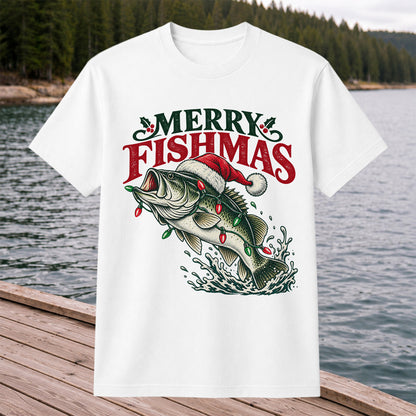 Christmas Bass Fishing Graphic T-Shirt with Santa Hat
