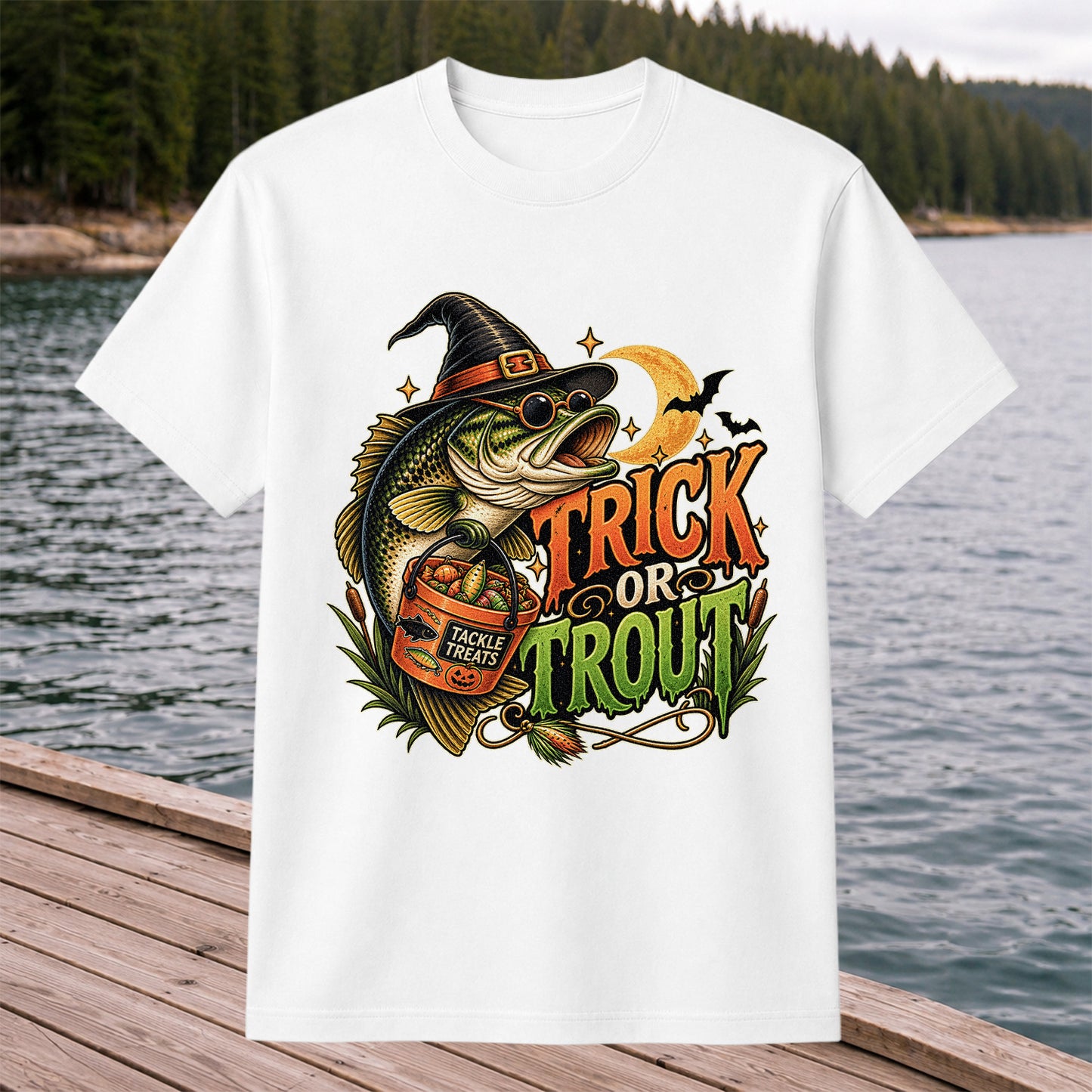 Trick or Trout Bass in Witch Hat with Tackle Treats Halloween Fishing T-Shirt