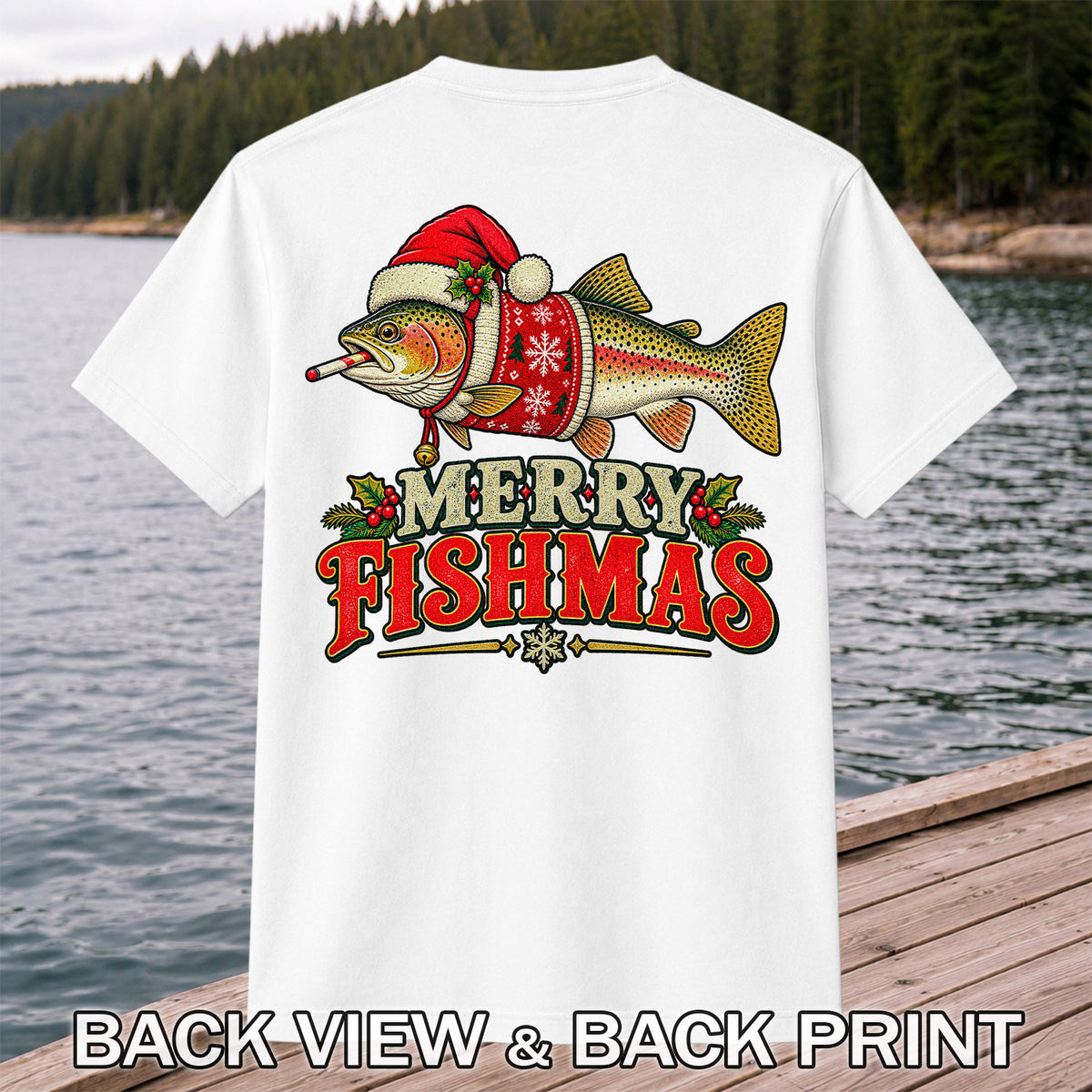 Christmas Trout Santa Fishing Graphic T-Shirt | Back Print